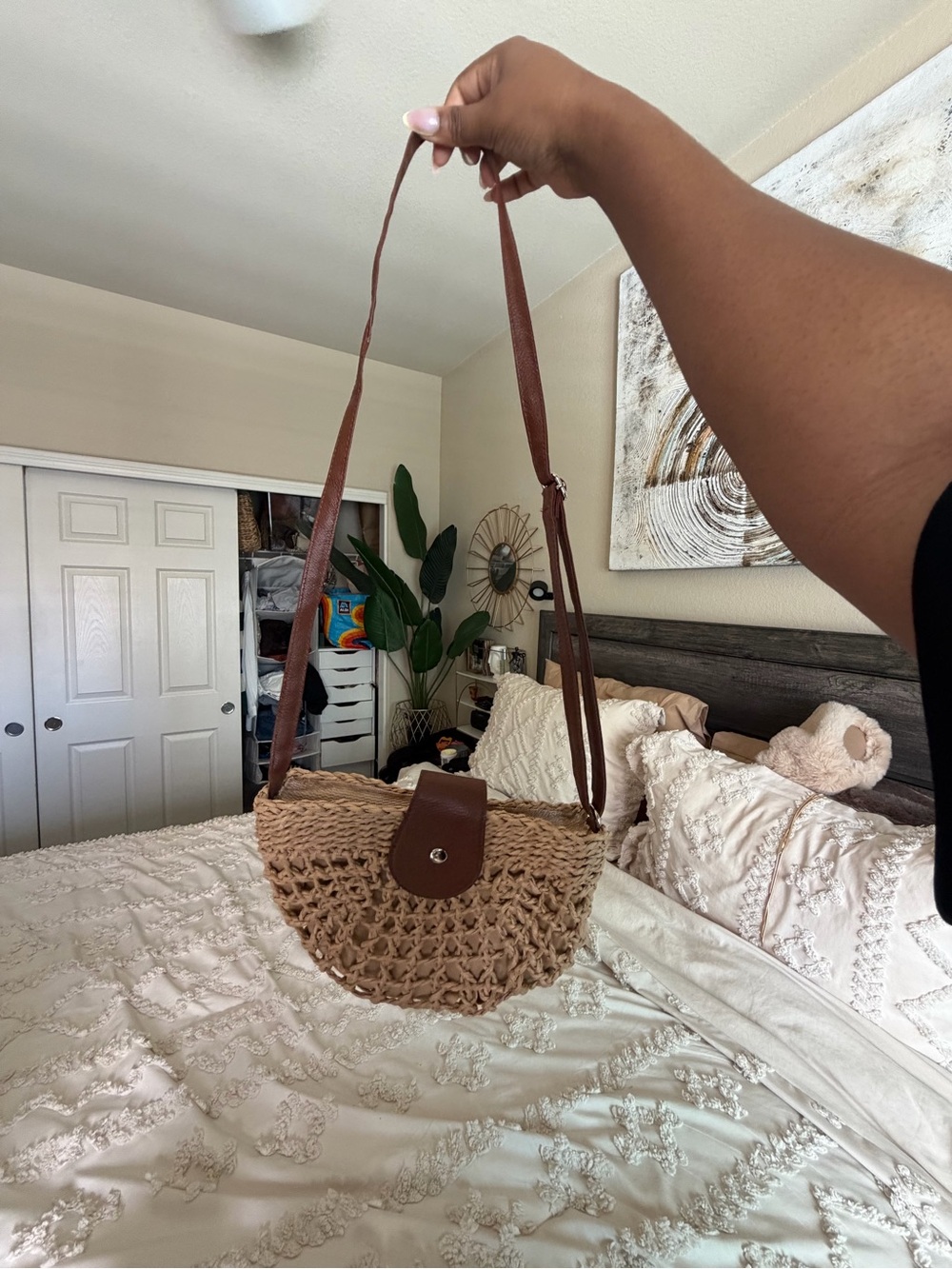 Woven Straw Crossbody Bag with Brown Leather Trim